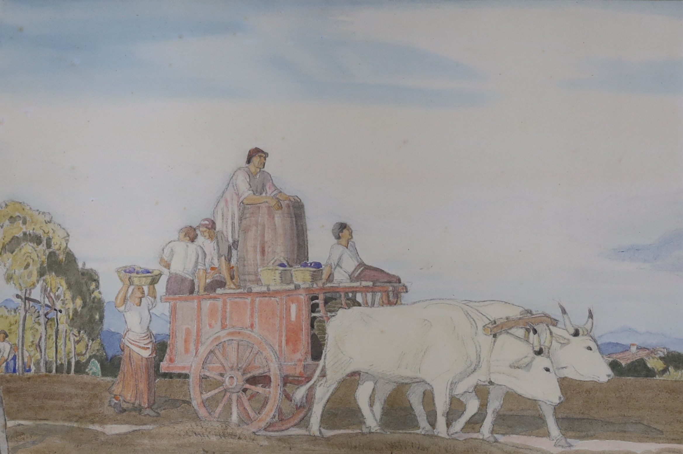 Charles March Gere RA (1869-1957), pencil and watercolour, 'The Ox Cart', monogrammed and dated 1923, 33 x 50cm